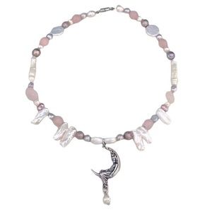 Tiana - freshwater Pearl and rose quartz fairy on a moon necklace